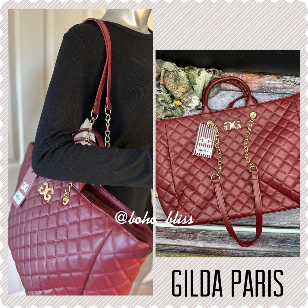 GILDA PARIS | Quilted Tote Large Tote Bag Wine Red with Gold Hardware NWT